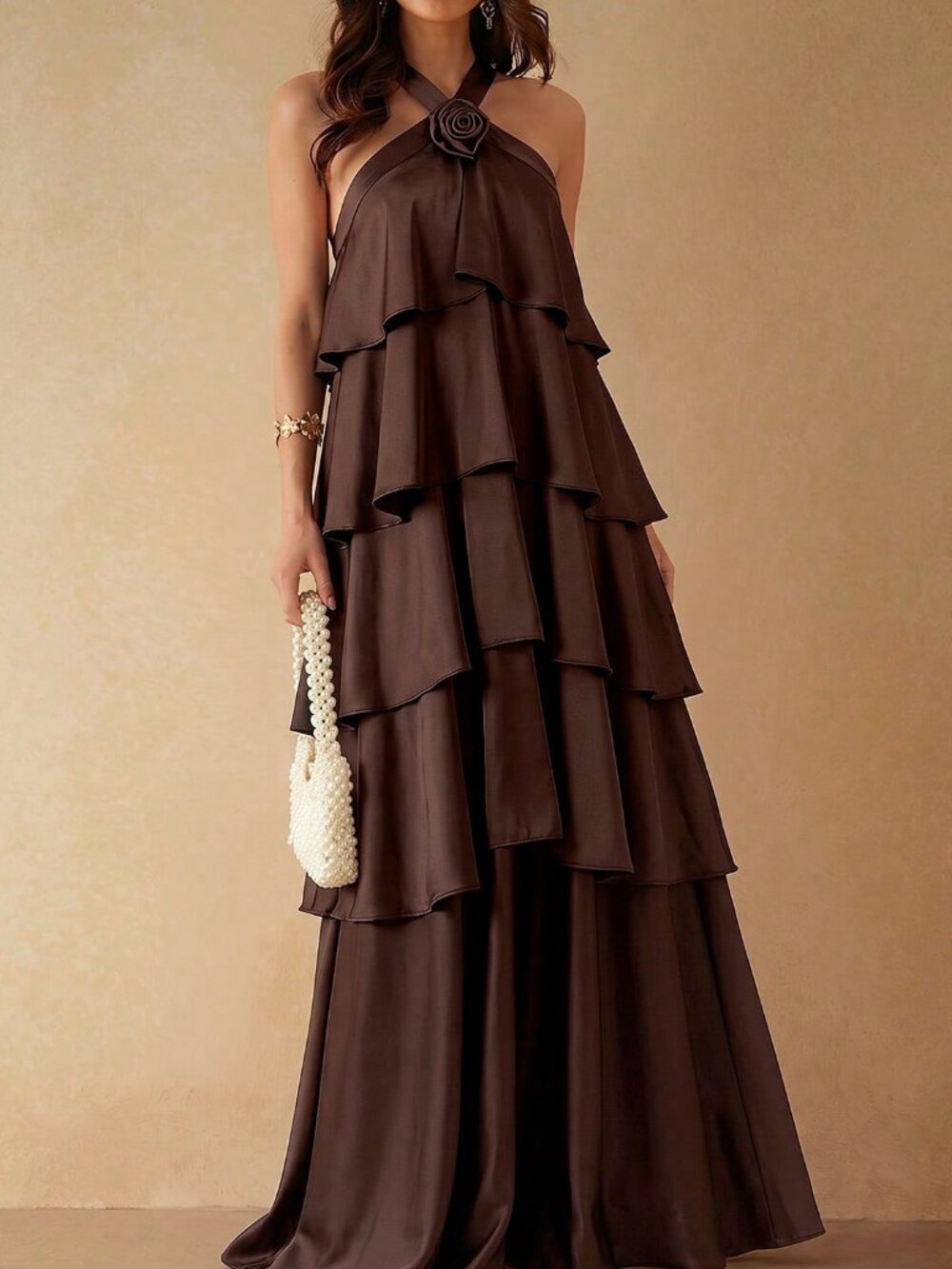 Coffee Brown Party Women's Backless Tiered Layer Zipper A-Line Midi Dress